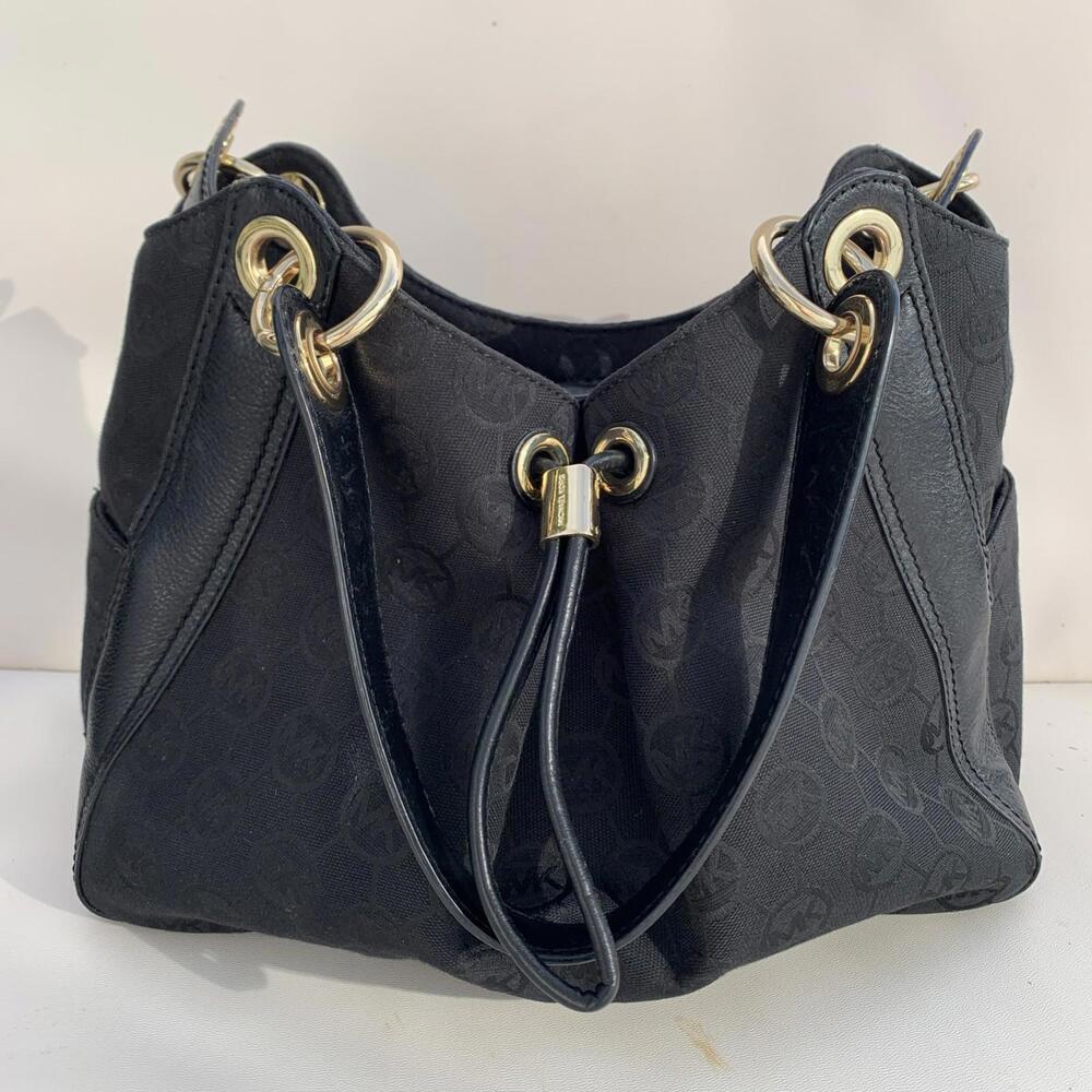 Michael Kors Black Shoulder Bag Tote Leather Canvas Gold Hardware Logo
